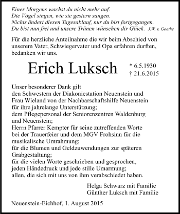 Traueranzeige von Erich Luksch 