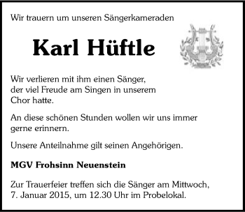 Traueranzeige von Karl Hüftle 