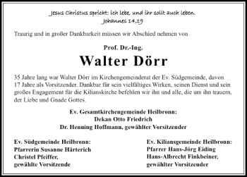 Traueranzeige von Dr. Walter Dekanat Dörr 