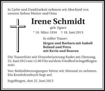 Traueranzeige von Irene Schmidt 