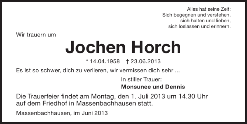  Traueranzeige für Jochen Horch vom 26.06.2013 aus 