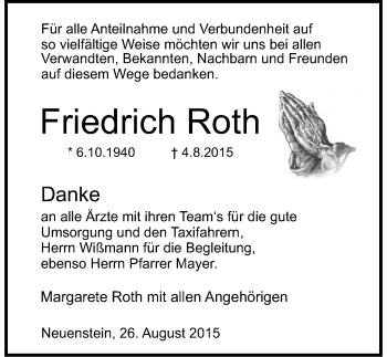 Traueranzeige von Friedrich Roth 