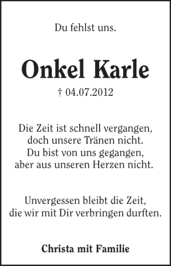 Traueranzeige von Onkel Karle 