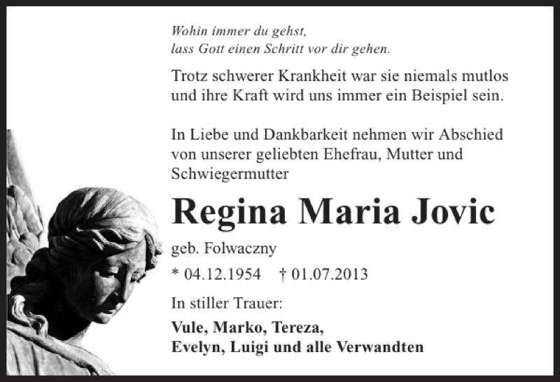  Traueranzeige für Regina Maria Jovic vom 04.07.2013 aus 