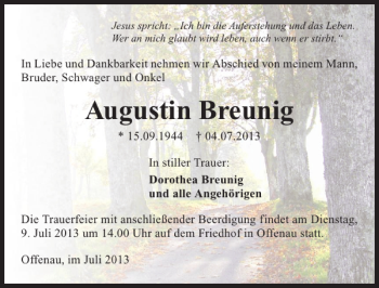 Traueranzeige von Augustin Breunig 