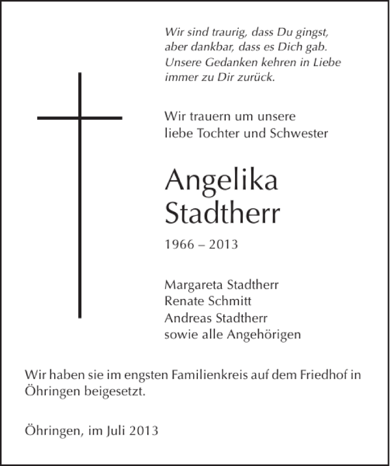  Traueranzeige für Angelika Stadtherr vom 12.07.2013 aus 