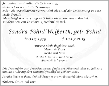 Traueranzeige von Sandra Weißerth 