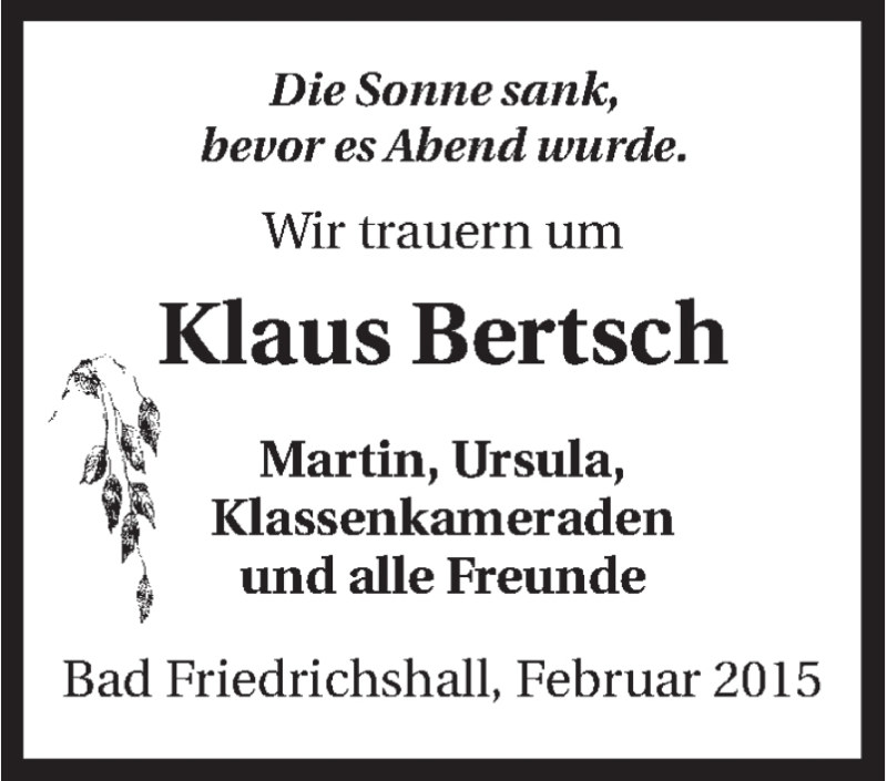  Traueranzeige für Klaus Bertsch vom 28.02.2015 aus 