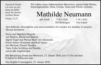 Traueranzeige von Mathilde Neukann 