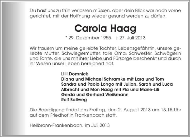  Traueranzeige für Carola Haag vom 31.07.2013 aus 