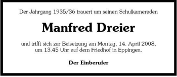 Traueranzeige von Manfred Dreier 