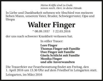 Traueranzeige von Walter Finger 