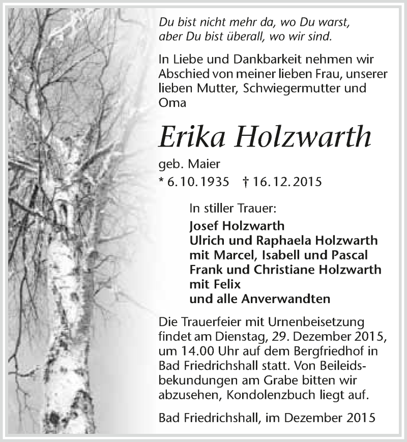  Traueranzeige für Erika Holzwarth vom 23.12.2015 aus 