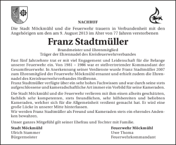 Traueranzeige von Franz Stadtmüller 