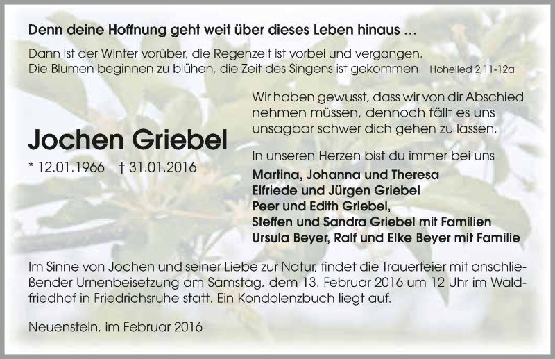  Traueranzeige für Jochen Griebel vom 09.02.2016 aus 