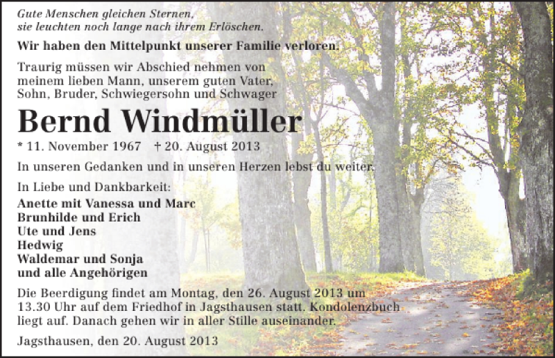  Traueranzeige für Bernd Windmüller vom 23.08.2013 aus 