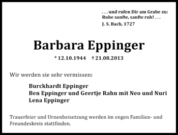 Traueranzeige von Barbara Eppinger 