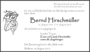 Traueranzeige von Bernd Hirschmüller 