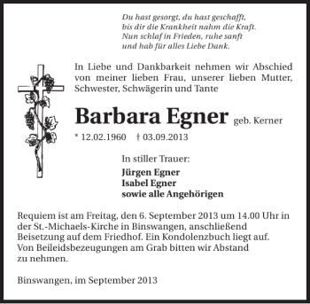 Traueranzeige von Barbara Egner 