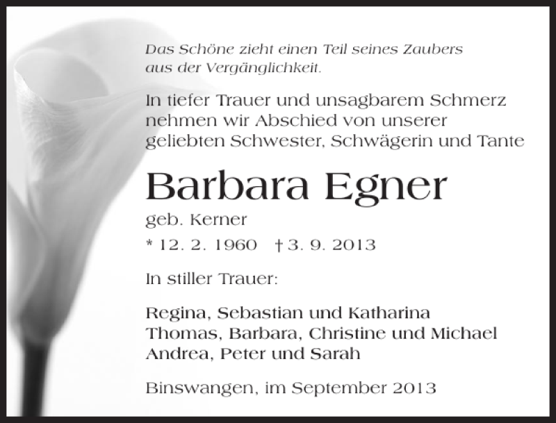  Traueranzeige für Barbara Egner vom 06.09.2013 aus 