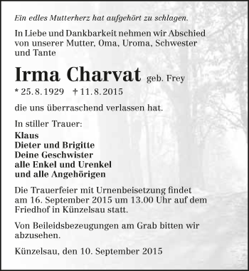 Traueranzeige von Irma Charvat 