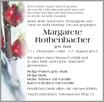 Traueranzeige von Margarete Rothenbacher 