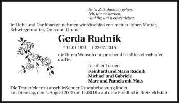 Traueranzeige von Gerda Rudnik 