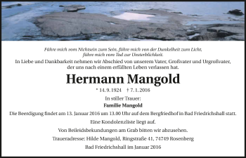 Traueranzeige von Hermann Mangold 