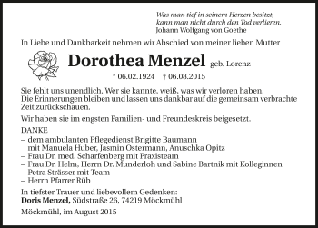 Traueranzeige von Dorothea Menzel 