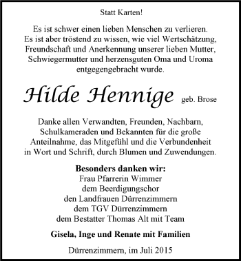 Traueranzeige von Hilde Hennige 