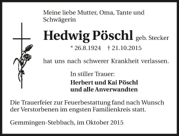 Traueranzeige von Hedwig Pöschl 