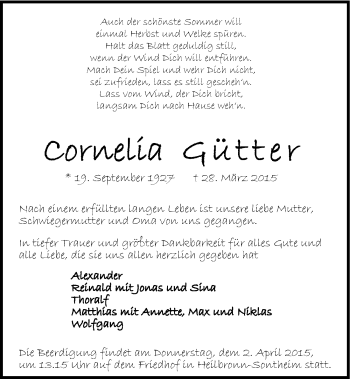 Traueranzeige von Cornelia Gütter 