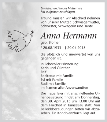 Traueranzeige von Anna Hermann 