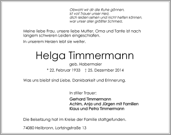 Traueranzeige von Helga Timmermann 