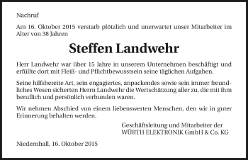 Traueranzeige von Steffen Landwehr 