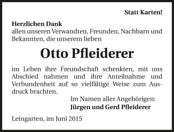 Traueranzeige von Otto Pfleiderer 