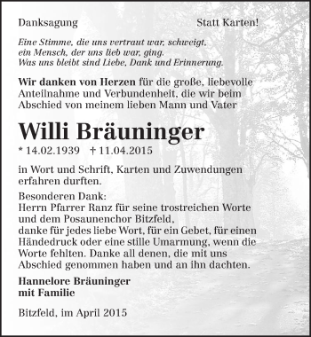 Traueranzeige von Willi Bräuninger 