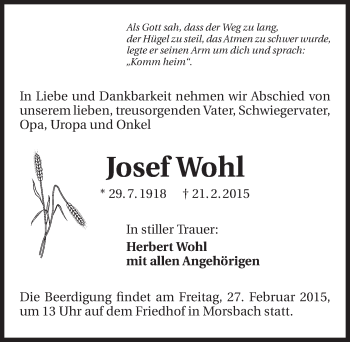 Traueranzeige von Josef Wohl 