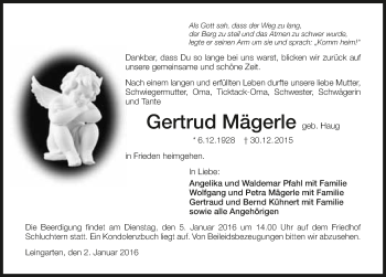 Traueranzeige von Gertrud Mägerle 