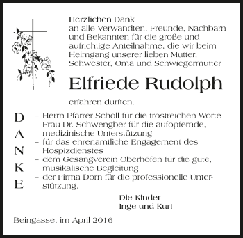 Traueranzeige von Elfriede Rudolph 