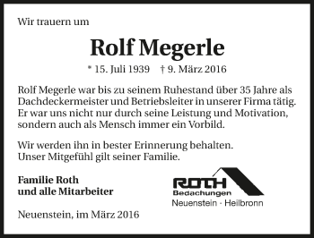 Traueranzeige von Rolf Megerle 