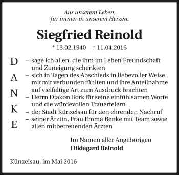 Traueranzeige von Siegfried Reinold 
