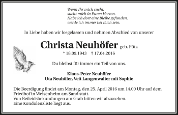 Traueranzeige von Christa Neuhöfer 