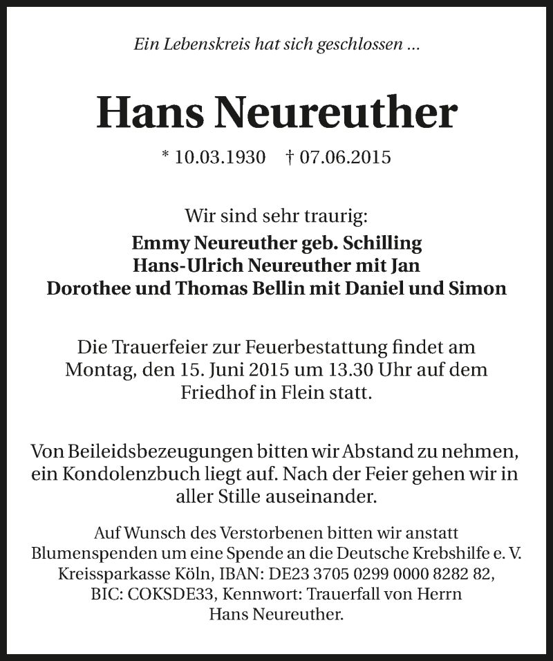  Traueranzeige für Hans Neureuther vom 10.06.2015 aus 