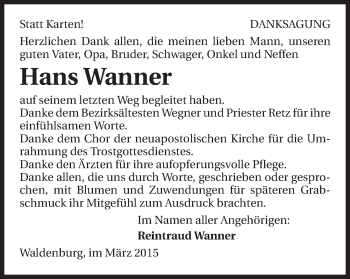 Traueranzeige von Hans Wanner 