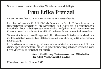 Traueranzeige von Erika Frenzel 