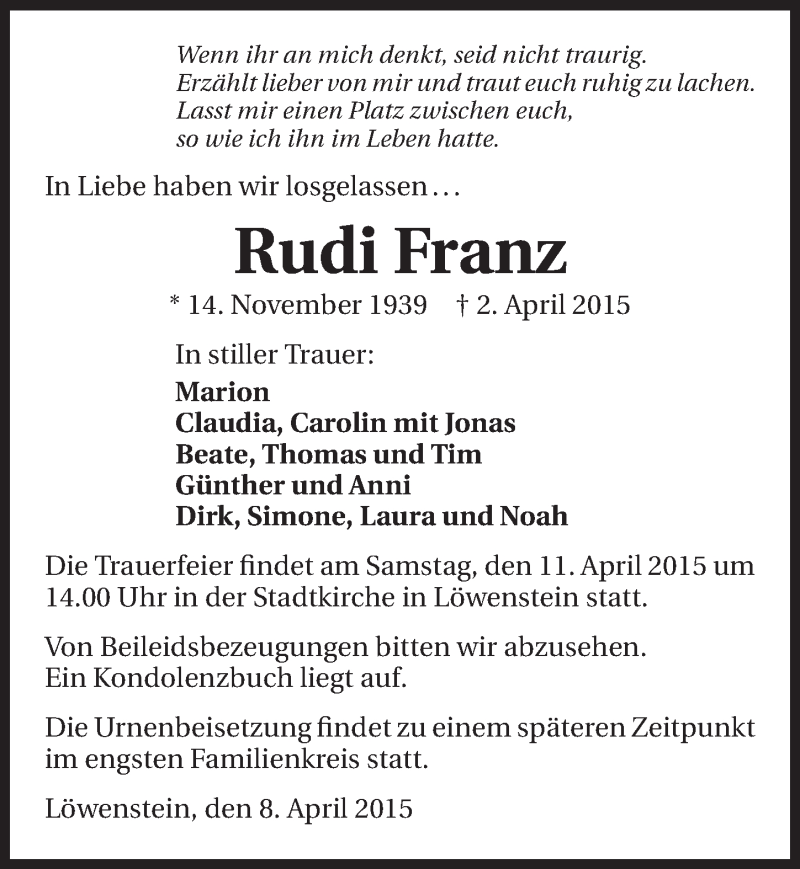  Traueranzeige für Rudi Franz vom 08.04.2015 aus 