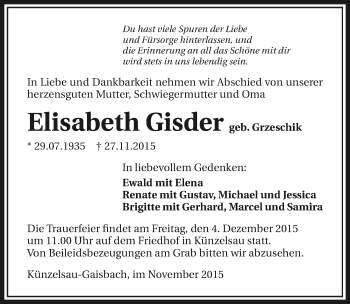 Traueranzeige von Elisabeth Gisder 