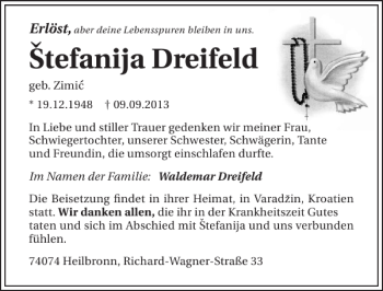 Traueranzeige von Stefanija Dreifeld 