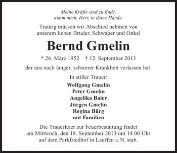 Traueranzeige von Bernd Gmelin 